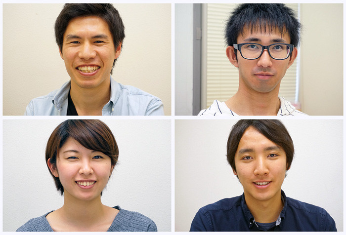 STEPS-FCVシステムの研究開発に取り組む学生メンバー。左上から友田圭祐さん（博士後期）、相坂裕斗さん（修士２年・右上）、内藤友里さん（学部４年・左下）、北村駿憲さん（学部４年・右下）。2012年の初走行時から研究に関わり、現在リーダーを務めている友田さんは来春自動車メーカーに就職することが決まっており、「パッションをもって燃料電池車の開発に携わるつもり。そして、いつかSTEPS-FCVシステムを手がけたい！」と熱く語る。